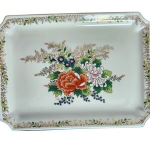 Japanese Porcelain Serving Tray Rectangular Floral Gold Trim